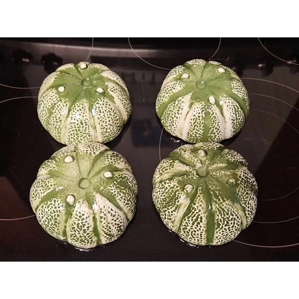 Set Of 4 Vintage Majolica Knobler Style Ceramic Cantaloupe Bowls EUC